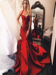 Dark Red Halter Neck Evening Dresses 2019 Saudi Arabia Dubai Mermaid Sleeveless Holiday Wear Formal Party Prom Gowns Plus Size5321258