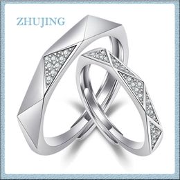 Fashion Silver Wedding Rings Sets for Women and Men Prong Set AAA Cubic Zirconia Adjustable Size Couple Rings