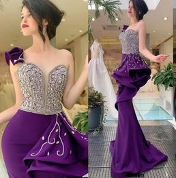 Purple Beaded Dubai Mermaid Evening Dresses Plunging Neck Peplum Arabic Prom Gowns Plus Size Floor Length Satin Formal Dress7404295