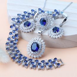 Bracelets Natural Bridal Jewellery Sets Silver 925 Jewellery Ring Pendant Necklace Earrings Bracelets Wedding Blue Cubic Zircon Set For Women