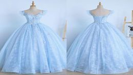 Light Blue Lace Quinceanera Dresses Hand Made Flowers Flared sleeves Unique Neckline Backless Corset Back Princess Sweet 15 Party 6290519