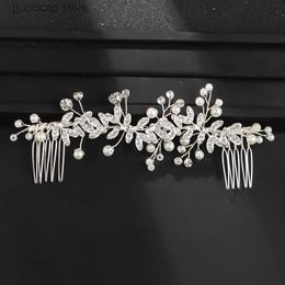 Tiaras Bridal Hair Comb Golden Long Leaf Hairband Wedding Hair Accessories Luxury Handmade Pearl Crystal Headband Accessory Y240320