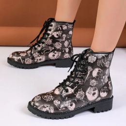 Boots Women Shoes 2024 Trend Design Skull Print High Top Lady Motorcycle Boots for Winter Fashion Lace Up Ankle Boots Punk Party Boots