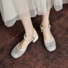 Hip Summer Sandal Women Pearl Mesh Headed Sandals With Fairy Style Thick Heels 240228
