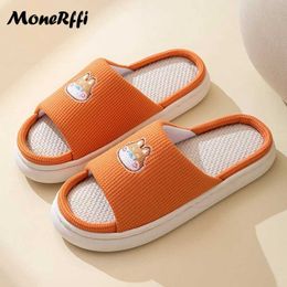 Slippers New Cow Women Shoes Summer Linen Indoor Non-Slip Cute Cartoon Sandals House Flip Flops Kaii Slides Ladies014XWJ H240322XWLQ H240322