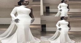 New White Mermaid Prom Dresses for Women High Neck Long Sleeve One Shouder Floor Length Chiffon Satin Formal Evening Dress Wear Pa5043075
