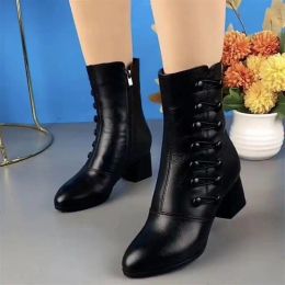 Boots Women Ankle Boots Side Button Ethnic High Heel Booties Pu Leather Platform Mother Shoes Winter Autumn Female Footwear 2023 New