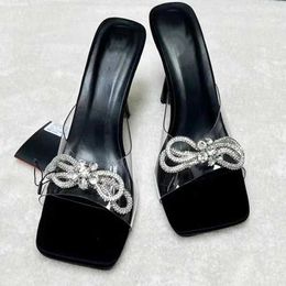 Dress Shoes PVC Transparent Female Slippers Rhinestone Butterfly-knot Women Crystal High Heels 8CM Summer Square Head Ladies SandalsECMF H240321