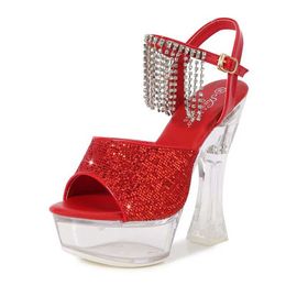 Dress Shoes Summer Sexy 14CM Thick Heel New Transparent Platform Party Woman Shoe Bling Sequin Cloth Diamond Tassels Sandals For Women H24032505