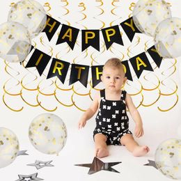 Party Decoration 24pcs Set 16.4ft Type 3 Paper Card Happy Birthday Sign For Hanging Swirls Confetti Transparent Balloons