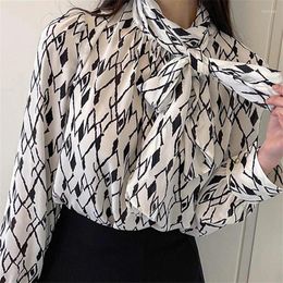 Women's Blouses 2024 Spring Shirt Women Vintage French Standing Collar Satin Office Elegant High Quality Tie Bow Printed Blouse