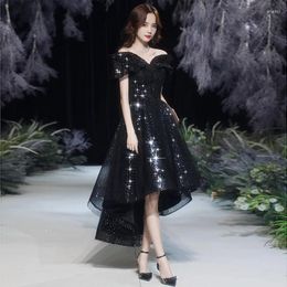 Party Dresses Black High Low Prom For Cocktail Elegant Off The Shoulder Sequin Tulle Short Gala Dress 2024
