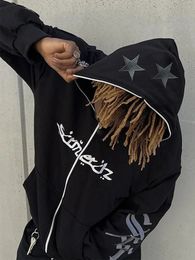 Mens Punk Star Embroidery Zip Up Hoodie for Men Oversized Y2k Sweatshirt Jacket EGirl 90s Pullover Streetwear 240318