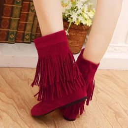 Boots Fashion Bohemian Style Women Suede Leather Fringe Flat Heels Long Boots Woman Tassel Knee High Boots Size 3445 Botas De Mujer
