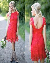 2016 Popular Red Lace Western Country Bridesmaid Dresses Cheap Bateau Short Sleeve Backless Above Knee Length Maid Of Honour Gown E6247227