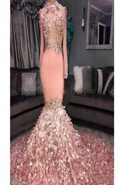 Elegant Long Sleeves Prom Dresses 3D Floral Appliqued Mermaid Pink Black Girls Court Train Plus Size African Evening Gowns Formal 7411505