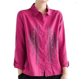 Women's Blouses Women Shirt Embroidered Lapel For Loose Fit Long Sleeve Top With Single Breasted Detail Stylish Spring