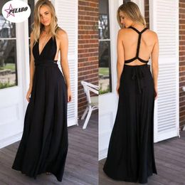 Casual Dresses PULABO Sexy Backless Shiny Satin Deep V Neck Bodycon Wedding Party Bandage Dress Halter Floor Length Evening Maxi Female