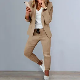 Women's Two Piece Pants Women Coat Set Elegant Business Suit With Long Sleeves Slim Fit Professional Office Wear Solid Colour