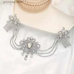 Tiaras Silvery Hair Comb Bridal Jewellery Water Drop Crystal Chain Forehead Jewellery Rhinestone Ornaments Wedding Headpiece Women Headband Y240320
