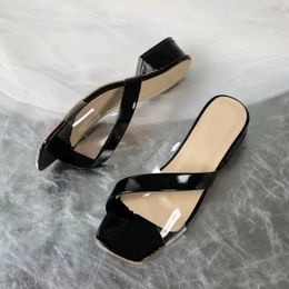 Slippers Women Summer Big Size Slides Female Shoes Low Med Cross-Tied 2024 Basic Fabric Hoof Heels Rome PVC Rubber Lad H240504