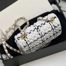 10A Mirror Quality Designer TOP Flip designer bags 17cm Woven cotton straw woman shoulder chain bag lady Cosmetic Bag With box C88