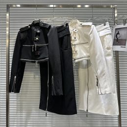 Work Dresses Spring Sets 2024 Female Zipper Leather Shoulder Pad Jacket One-step Skirt Suit For Women Temperament Short Top Long