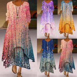 Casual Dresses Boho Vintage Button Long Maxi Dress Three Quarter Sleeve Printed Loose Party Beach Summer Sundress Tunic