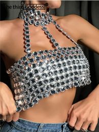 Sexy y2k halter metal sequin corset crop top women Summer luxury beach party tank top see through shiny night club outfits tops 240311