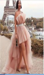 Dusty Pink High Low Prom Dresses Strapless Ruched Tulle with Belt Homecoming Dress Plus Size Girls Party Skirts9099601