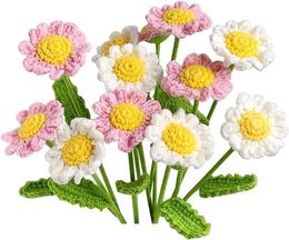 10X Knitted Daisy Bouquet Decoration Yarn Fake Daisy Pink White Artificial Flowers for Table Centerpiece Party Flower Supplies 240313