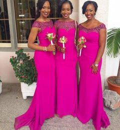 Fuschia Chiffon South African Nigerian Cheap Bridesmaid Dress Plus Size Beaded Maid of the Honor Dresses Cap Sleeves Bridesmaids G2339001