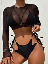 Women's Swimwear 3-pack Hanger Triangle Bikini 2024 Swimwear Solid Mesh Top Ring Link Swimwear Womens Sexy Swimwear Summer Swimwear J240319