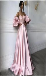 Pink Sweetheart Neck caftan Evening Dresses Flowers Full Sleeve Arabic Special Occasion Dress Evening Party Gowns7090315