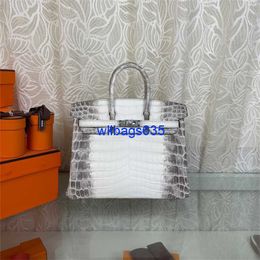 Tote Bags Himalaya Crocodile Handbag Genuine Home Handmade Hand Sewn Wax Thread Sewn Himalayan Platinum Bag 25cm Silver Button Handheld Cros have logo HBA49I