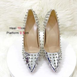 Dress Shoes Women New Rivet High Heels 12CM Fashion Pointed Toe Party Single Europe And America Club Stage Pumps Silver Plus Size 43 H240321