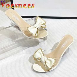 Dress Shoes Woman Sweet Bow PVC Transparent Pumps Summer Metal Chain Decorated Slippers Sandals Perspex High Heels Sexy Womens Party H240325