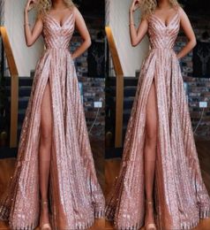 Sparkly Rose Gold South African Prom Bridesmaid Dresses with Straps A line High Split Ruched Evening Formal Pageant Dress5603736