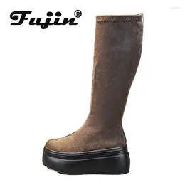 Boots Fujin 8cm Sheepskin Women Knee High Platform Wedge Autumn Spring Plush Winter Top Warm Fashion Zipper Shoes