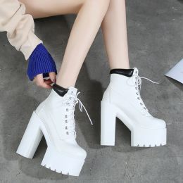 Boots STAN SHARK 14cm Women Ankle Boots Platform Square Heels Super High Heels Boots LaceUP Casual Shoes Boots Round toe