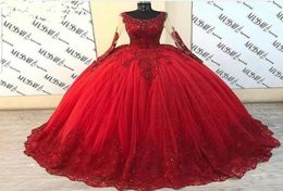 Puffy Ball Gown Quinceanera Dresses Long Sleeve Red Tulle Beaded Lace Sweet 16 Mexican Party Dress Ball Gowns6163848