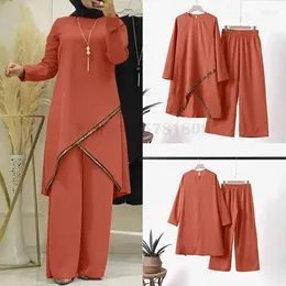 Ethnic Clothing Oversize 3XL Muslim Sets Spring Autumn Musulman Two-Piece Set Long Sleeved Round Neck Shirt Wide Leg Pants Casual Women's