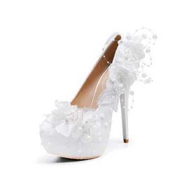 Dress Shoes Lace Woman Pumps Wedding Platform Pearl White Sexy Stiletto High Heels 14CM Female Princess H240321P9YB