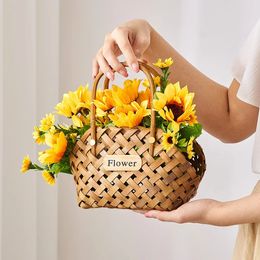 Simulated Flower Basket Willow Portable Bamboo Woven Multifunctional Storage With Handle Handmade Picnic Container 240314