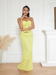 Work Dresses Women Summer Outfits Solid Color Strapless Ruched Tube Tops And Long Skirt Two Piece Set Beachwear