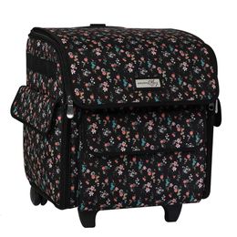Everything Mary Serger Hine Rolling Storage Case, Black Floral Carrying Bag Overlock Hines Brother, Singer, Juki Sergers - Organizer Tote for Sewing Thread