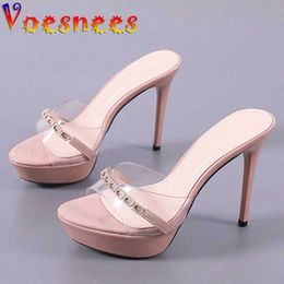 Dress Shoes Voesnees Women Slipper 2021 New PVC Transparent Stilettos Sandal Comfortable 12CM Diamond High Heel Waterproof Platform H240325