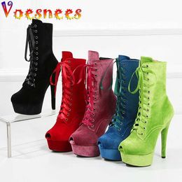 Dress Shoes Voesnees New Custom Made Womens 15CM Short Boots Velvet Platform Sexy Fish Mouth Thin High Heels Nightclub Perform Dance H240325