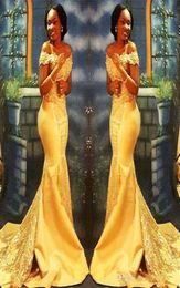 African Nigerian Yellow Mermaid Prom Dresses Long 2019 Off Shoulders Lace Sequined Satin Evening Prom Gowns BA84053150802