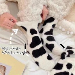 Women Socks Cow Print Mink Plush For Girl Mid Tube Stockings Warm Coral Velvet Sleep Floor Sock Winter Thermal Slipper Funny Sox